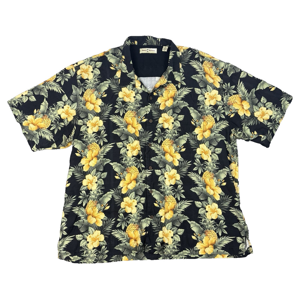 Tommy Bahama Mens XXL Floral 100% Silk Short Sleeve Hawaiian Shirt Black Yellow